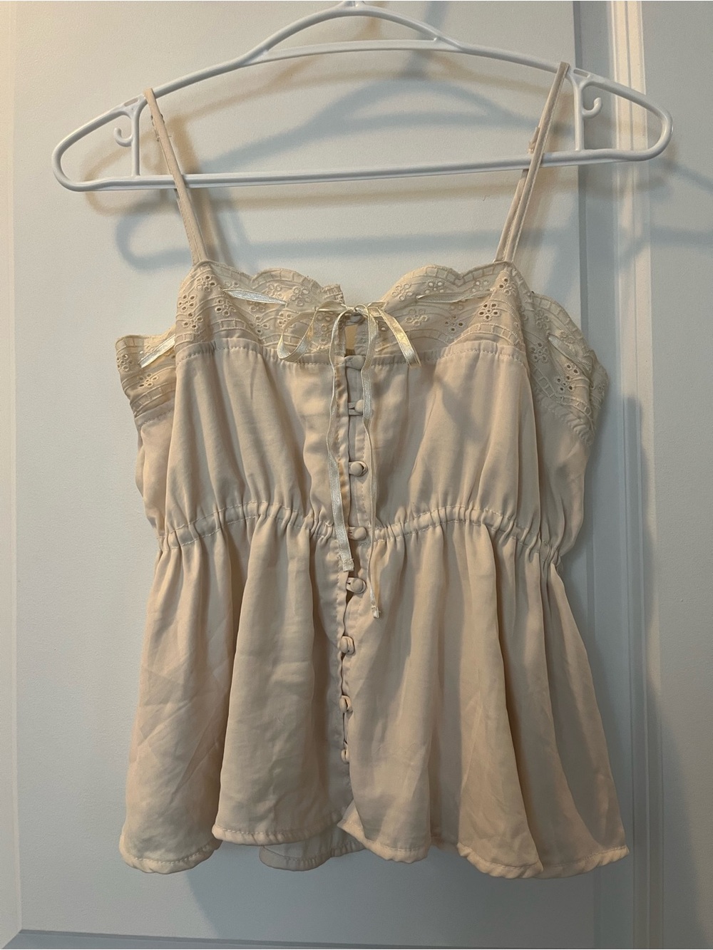 Cream Babydoll top with buttons, ribbon and lace